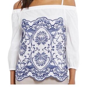 IVANKA TRUMP -Elegant Off-Shoulder White and Blue Embroidered Top